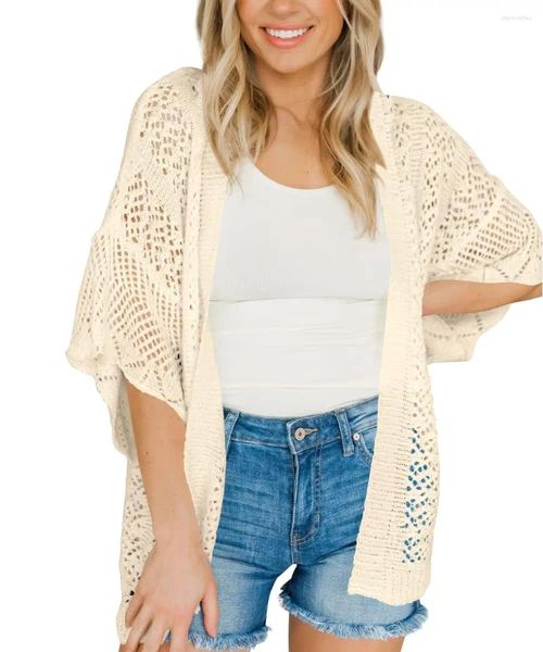 Cardigan tricoté en Crochet pour femmes, ouvert sur le devant, manches cloche, doux, surdimensionné, pull d'extérieur, manteau de couverture, 3/4