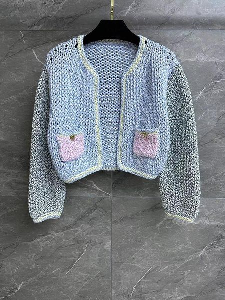 Femmes tricots mode haute qualité fils lourds pur à la main au crochet Cardigan pour les femmes contraste couleur trois quarts manches pull court