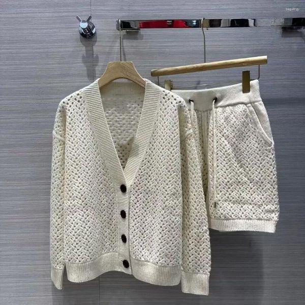 Cardigan en tricot ajouré pour femmes, col en v, manches longues, laine, cachemire, paillettes, pull, ensemble 2 pièces avec short