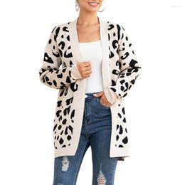 Casacos de malha feminina moda para mulher manga longa leopardo impressão bolsos malha frente aberta cardigan chaquetas para mujeres