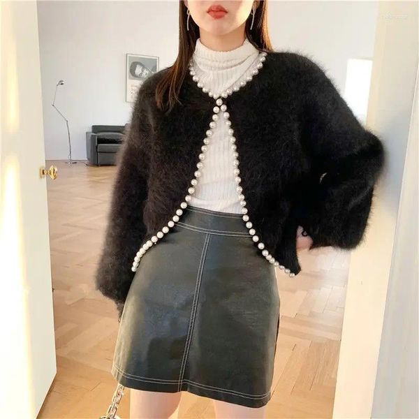 Puntos de mujer Moda Damas Pearl Knit Linterna Mangas 2024 Mujeres Otoño Invierno Últimas Cardie Imitación Mink Fleece Suéter Cardigan Chaqueta