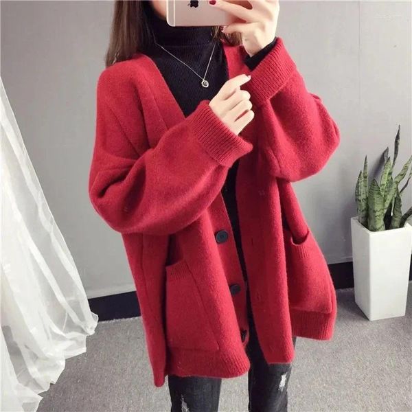 Tricots pour femmes Mode Lâche Col en V Cachemire Cardigan Femmes Noël Rouge Pull Manteau Femme À Manches Longues Bouton Poche Tricots