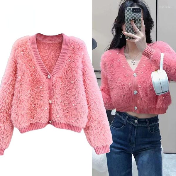 Cárdigan de punto de mohair suave a la moda para mujer, suéter de manga larga con cama coreana recortada en rosa dulce para mujer