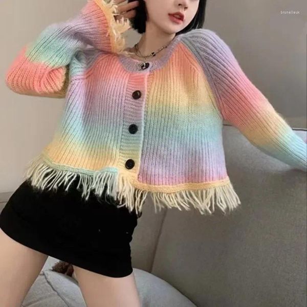 Suéter de borlas a la moda para mujer, cárdigan Harajuku con cuello redondo, abrigo corto holgado, Tie Dye, Chaqueta de punto dulce para niña, coreano