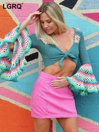 Femmes tricots mode femmes tricots manches évasées évider cordon contraste couleur travail manuel tricoté Cardigan marée 2023