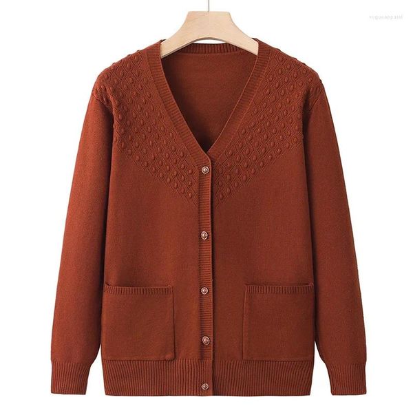 Tricots pour femmes Fdfklak Chic Vintage Couleur Pure Cardigan tricoté Bouton d'âge moyen Col en V Manteau à manches longues Automne Vêtements pour femmes en vrac