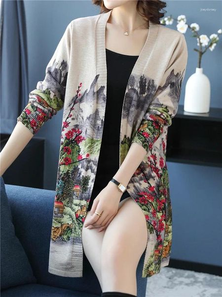 Cardigan Long en tricot pour femme, imprimé Floral, pull tricoté, haut, mode coréenne, col en V, doux, automne printemps