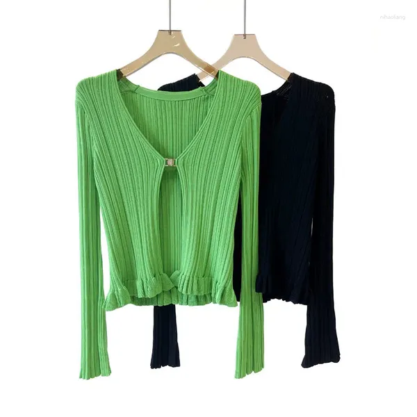 Cardigan tricoté à manches évasées pour femmes, à volants, vert ou noir, bouton unique, pull Slim français pour dames