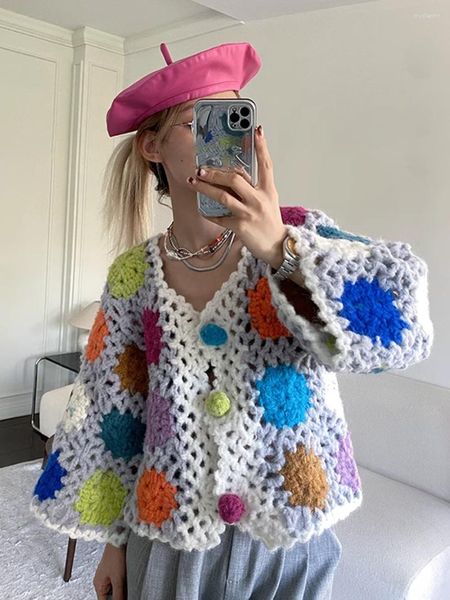 Tejidos de tejidos de mujer crochet floral suéteres de cárdigan casual femenino en v cez