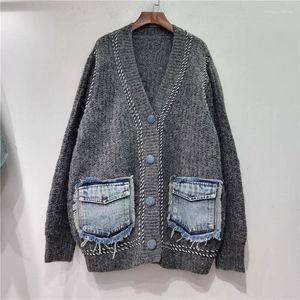 Knits de mujer Frayed Burrs Cowboy Big Pocket Supling Chaqueta de suéter de punto Spring Women Casual Loos