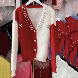 Tricots pour femmes Style français contraste couleur Cardigan manteau femmes automne hiver exquis strass pull veste Femal doux tricoté pull