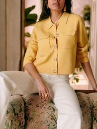 Gebreide dames Franse dames gele gebreide vest jas Turn-down kraag shirt jas Top vrouwelijke dubbele zakken gebreide trui met lange mouwen