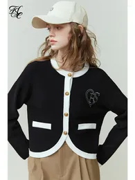 FSLE – Cardigan français à col rond pour femme, veste tricotée, Style Vintage, simple boutonnage, haut court, printemps