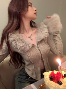 Women's Knits Fur Collar Grey Cropped Cardigan Sleeve V Neck Sexy Sweaters Sueter Tops Pull Knit Sweater Jacket Chic Retro