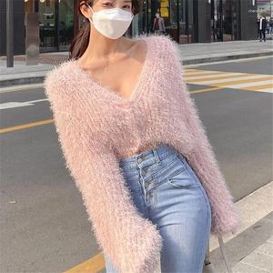 Tricots pour femmes flou doux tricot sexy Dee col en V pull court printemps mode noir blanc rose vison cachemire Cardigan à manches longues hauts amples