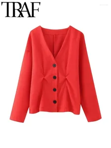 Tricots féminins Gal 2024 Spring Elegant Mujer Mujer Red Tricot Cardigans Drop Bounder Sleeves Long Manche V Veste pull ruched Femme
