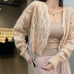 Cárdigan de punto de mohair suave para mujer, suéter francés con textura de felpa, abrigo corto suave y ceroso, monocromático, primavera y otoño
