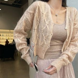 Cardigan tricoté en mohair doux pour femme, pull français, texture en peluche, manteau court et doux, monochromatique, printemps et automne