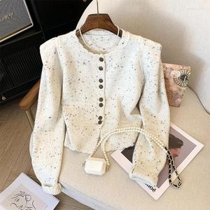 Tricots pour femmes Tempérament doux couche rond Cardigan Femme O-cou Polka Dot Single Poit