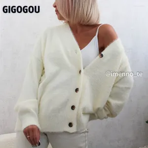 Tricots pour femmes GIGOGOU Noble Designer Imitation Vison Femmes Cardigan Pulls Col V Simple Brested Femme Cardigans Tricoté Femme Jumpers Top