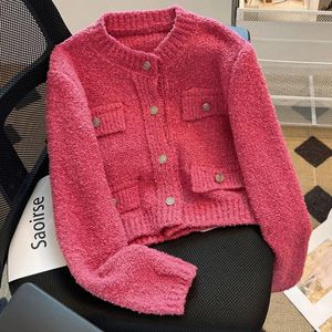 Tricots pour femmes bouton doré petit vent parfumé col rond pull manteau femmes automne Chic épaissi doux gluant tricot Cardigan veste hauts