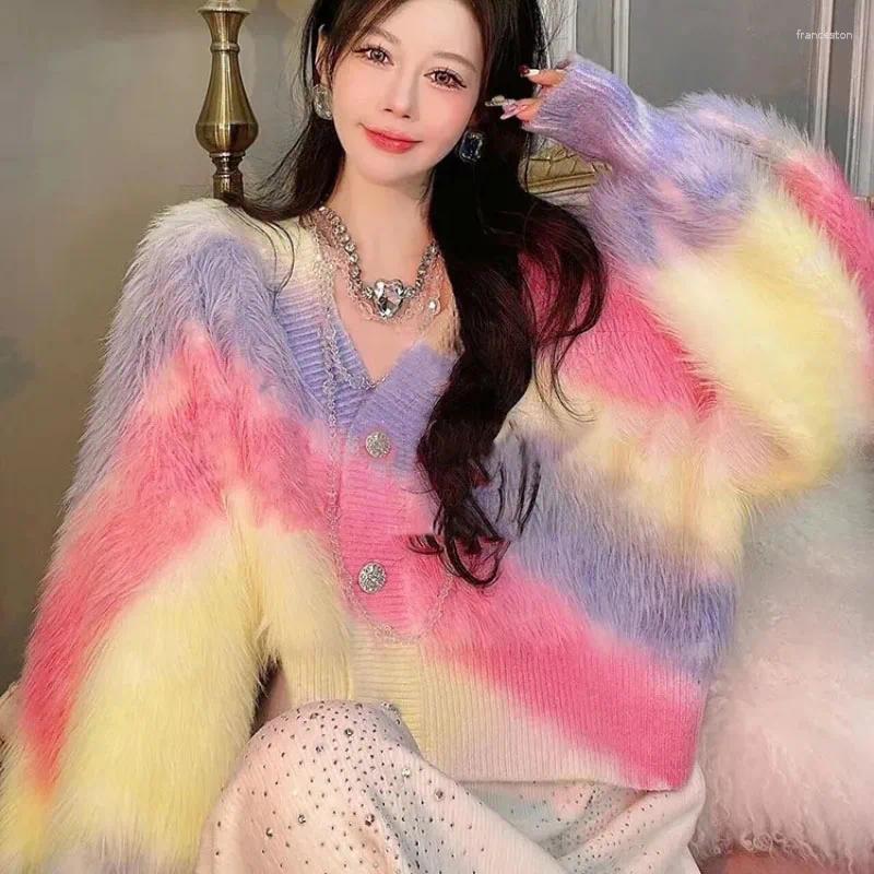 Kadın Örgü Gradyan Peluş Örgü Dış Aşınma Sonbahar Kış Tatlı Gevşek Hardigan Kazak Ceket Renkli Uzun Kollu Sweaters
