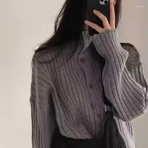 Femmes Tricots Gris Col Roulé Épais Chaud Pull Manteau Simple Chic Simple Boutonnage Cardigan Mujer Y2k E-Girl Manches Longues Tricoté Hauts Femmes