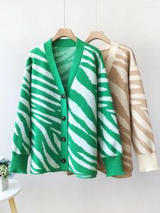 Cardigan surdimensionné vert pour femme, pull épais et chaud, boutonné, veste tricotée, imprimé rayé, manteaux, hiver 2024