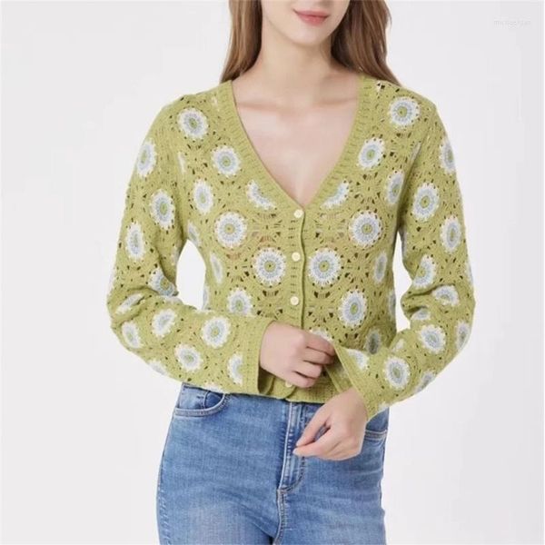 Femmes Tricots H9ED Femmes Crochet Géométrique Motif Floral Chandail À Manches Longues Bouton Up Évider Tricot Automne Recadrée Cardigan