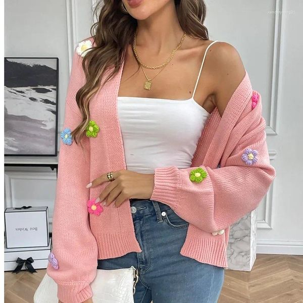 Cárdigan de punto dulce con bordado de flores y gancho a mano para mujer, suéter, abrigo, chaqueta Harajuku informal holgada de gran tamaño para otoño, Kawaii