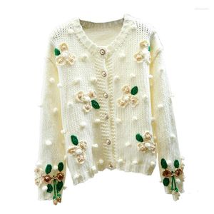 Femmes tricots à la main broderie fleur tridimensionnelle mignon doux simple boutonnage ligne épaisse pull tricoté Cardigan manteau pour les femmes