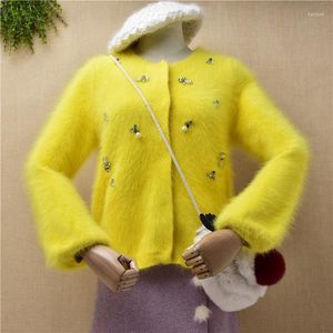 Tejidos de mujer HANKERL Damas Mujer Moda de invierno Peludo Felpa Visón Cachemira Punto Rebordear Suéter corto Cárdigan Chaqueta de piel de angora Abrigo