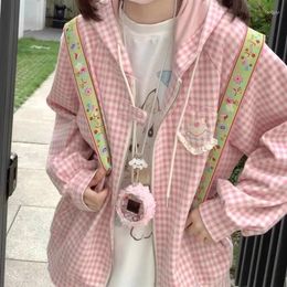 Damesbreien Harajuku Sweet Pink Plaid Sweatshirts 2024 Spring Hoodie Tops Mujer Y2K E-Girl lange mouw ritssluiting Cardigan jas vrouwen