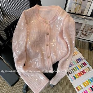 Femmes tricots haut de gamme rose Sequin tricoté Cardigan manteau pour femmes automne 2023 doux tempérament socialite à manches longues pull