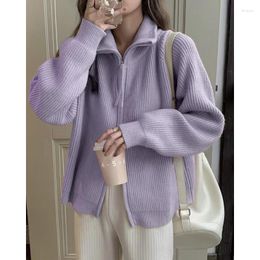 Vrouwen Knits High End Veelzijdige Paars Gebreide Vest Jas 2023 Herfst Winter Lange Mouwen Dikke Revers Rits Trui voor Vrouwen Koreaanse