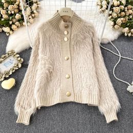 Tricots pour femmes de haute qualité automne hiver chaud tricoté Cardigan Wmen doux simple boutonnage lanterne manches Mohair pull manteau tricots