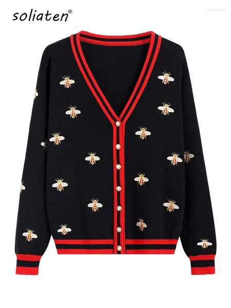 Tricots pour femmes de haute qualité créateur de mode abeille broderie Cardigan simple boutonnage couleur contrastée pulls tricotés vêtements d'extérieur C-068