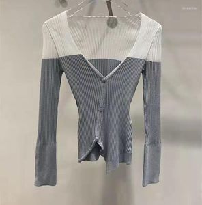 Pulls tricotés de haute qualité pour femmes 2023 automne hiver pulls dames col en v fil Lurex tricot à manches longues décontracté gris pulls