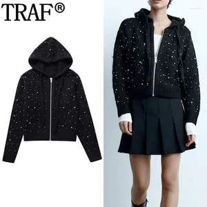 Damesgebreide hoodies gebreid vest voor dames Zwart bijgesneden vrouw herfst winter jas met ritssluiting en strass trui met lange mouwen