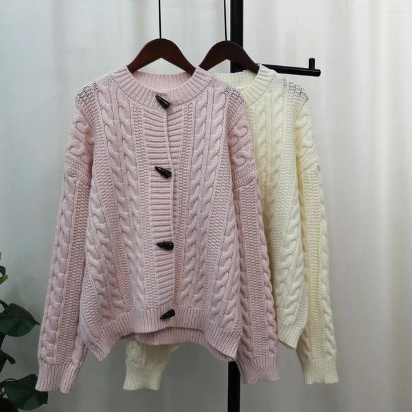 Cardigan en cachemire torsadé avec boucle en corne européenne pour femmes, pull taille haute, manteaux courts en laine épaisse, Hsa 2023