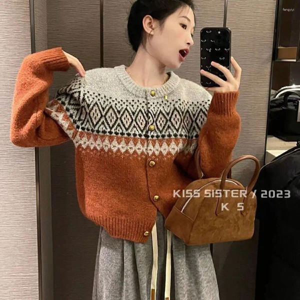 Cárdigan de punto Retro de Color contrastante Hsa para mujer, suéter encerado suave Y2k elegante con copos de nieve estilo otoño e invierno