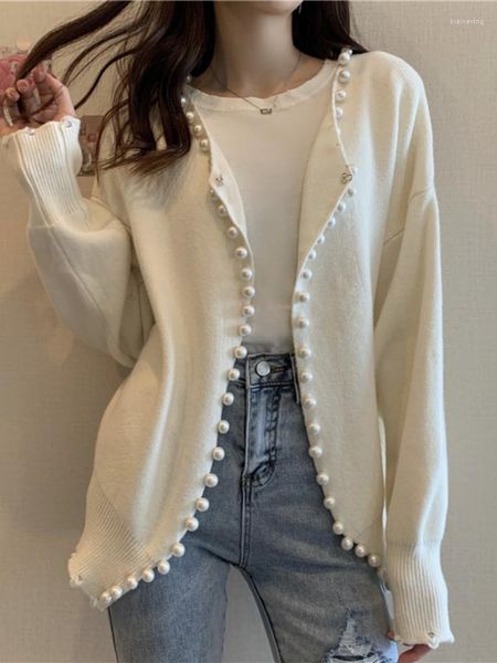 Suéter de punto Hsa para mujer, cárdigans con botones de perlas de punto abierto, chaquetas de punto con cuentas, abrigo elegante para mujer
