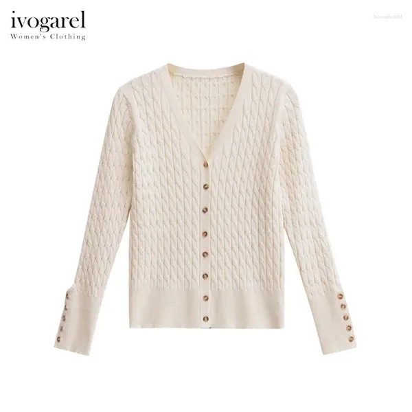 Ivogarel – Cardigan tricoté par câble pour femme, pull tricoté, veste Demi-saison, col en v, vêtements à manches longues, automne hiver