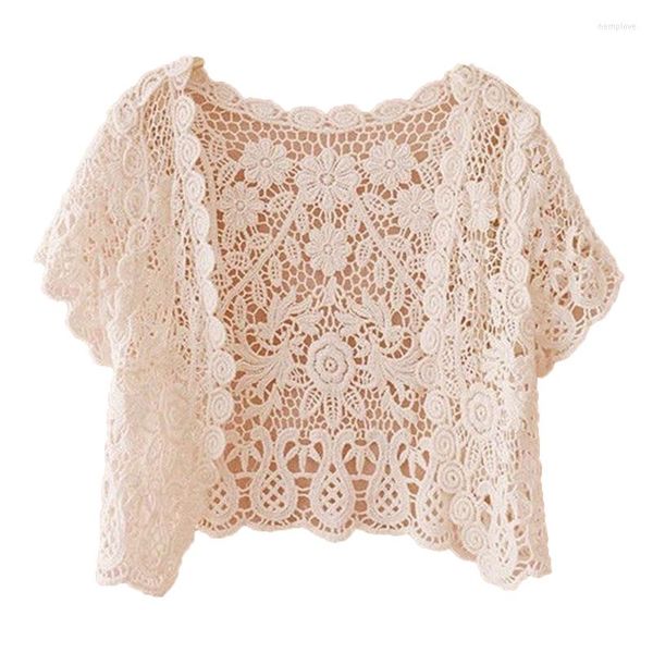 Puntos de mujer J78E Mujeres de manga corta Crochet Shrugs Hollow Out Flower Lace Open Front Cropped Cardigan Protector solar Festoneado Bolero Jacket