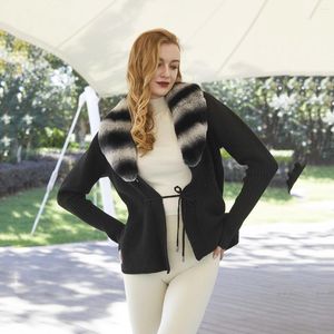 Tricots Femmes Janefur Cardigan en laine tricotée avec col de fourrure Chinchilla Femmes 2023 Noir Mode Luxe Slim Chaud Real Rabit Pull