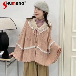 Tejidos para mujer Capa de punto con lazo lindo japonés para mujer 2024 Invierno Dulce Estilo universitario Kawaii A-Line Suéter Abrigo Ropa exterior femenina