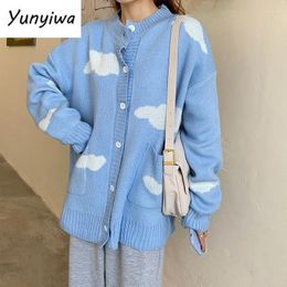 Tricots pour femmes Kawaii Harajuku Cardigan Femme Cloud Imprimez coréen Blue Blue Mabet Tous Match Trithed Cardigans Jumper