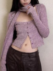 Damesgebreid Japans kort vest met sjaal Koreaanse mode Paars Knitwear Vintage vierkante kraag Crop vesten Esthetiek Y2k Tops