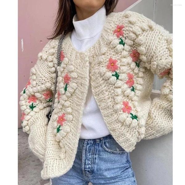 Suéter de punto con bordado de flores de estilo bohemio Jastie para mujer, cárdigan para mujer, abrigo para mujer de otoño e invierno 2023, Tops