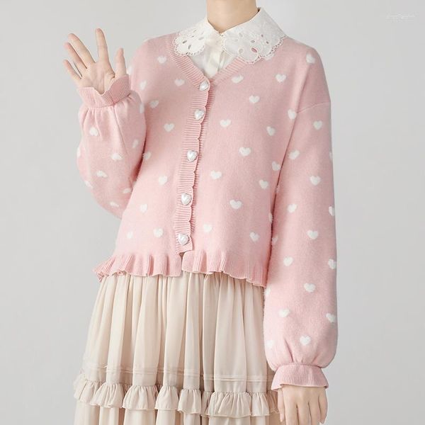 Femmes tricots Kawaii Lolita Style tricoté Cardigan femmes doux col en v forme bouton à manches longues à volants pull manteau fille vêtements d'extérieur mignon